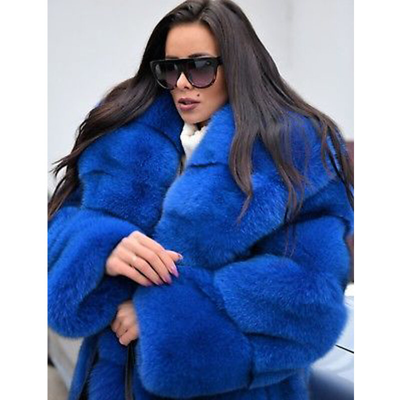 موضة النساء الملكي الأزرق الطبيعي الفراء معطف الشتاء الدافئة كامل بيلت الأزرق الثعلب الفراء معاطف حقيقية مع كبير التلبيب طوق الفراء سترة طويلة