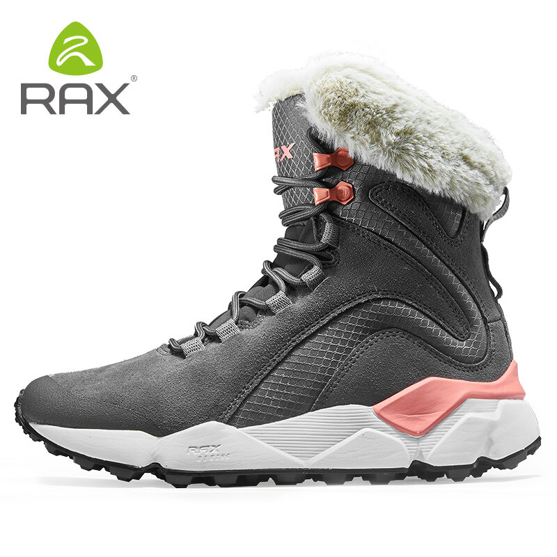 RAX الأحذية الجلدية الشتاء مع الفراء سوبر حذاء الثلج عالي الرقبة دافئ الشتاء العمل حذاء كاجوال أحذية رياضية عالية الجودة المطاط حذاء من الجلد الإناث