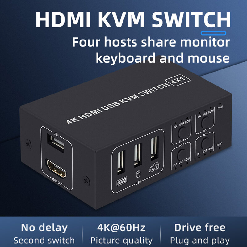 4K تقاسم الكمبيوتر ل الماسح الضوئي 4 ميناء مستقر الترا HD التوصيل والتشغيل USB سبائك الألومنيوم ل لوحة مفاتيح وماوس Hub KVM الجلاد