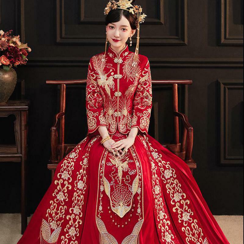 التطريز التنين فينيكس الصينية التقليدية زوجين الزفاف دعوى شيونغسام أنيقة العروس خمر تشيباو فستان رائع الملابس