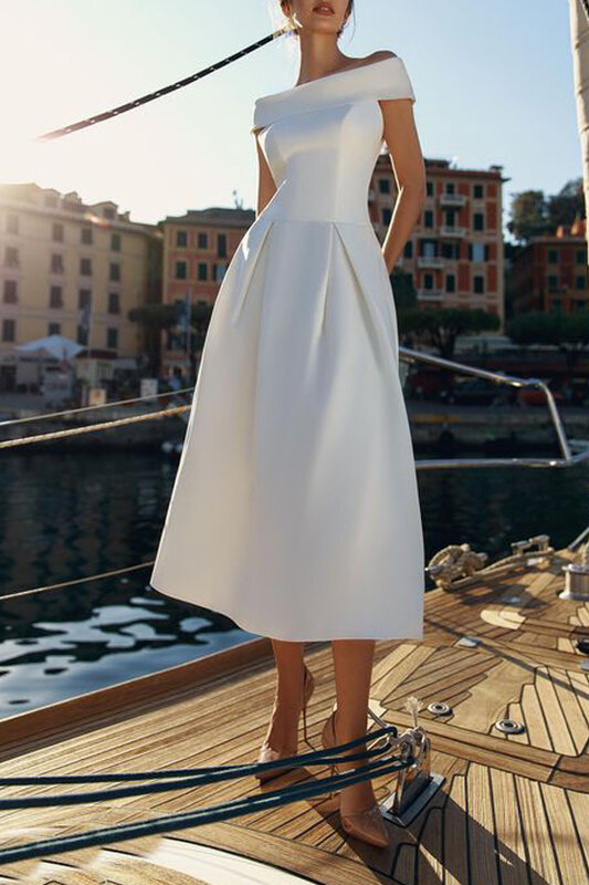 مزاجه الترقوة واحد فستان باكتاف مفتوحة الأولى الحب فستان أبيض سليم