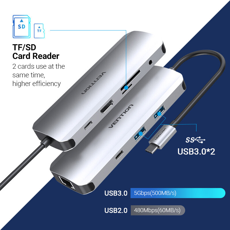 فينتيون موزع USB C ووحدة تثبيت USB 3.0سبليتر 3.1 USB C إلى HDMI 4K VGA PD RJ45، 3.5 مم، إكسسوارات ماك بوك برو