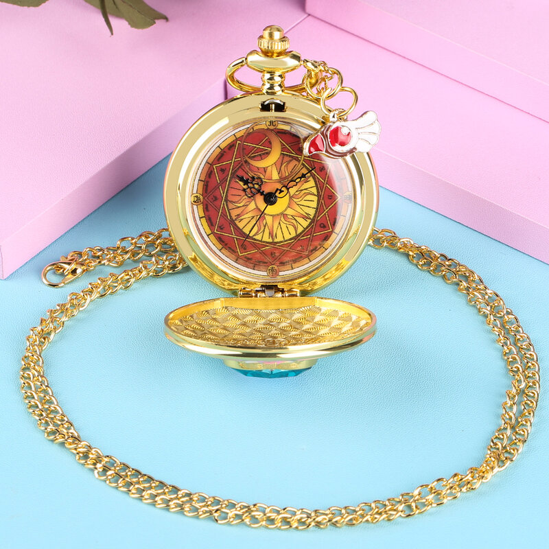 الفاخرة الذهب على شكل قلب جوهرة ساعة جيب كوارتز مع Cardcaptor ساكورا الإكسسوار قلادة قلادة سلسلة Steampunk النساء الهدايا