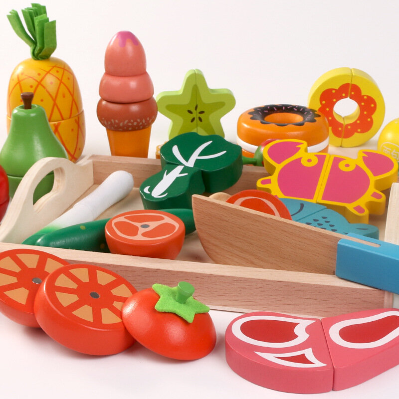 محاكاة المطبخ التظاهر لعبة خشبية الكلاسيكية لعبة مونتيسوري لعبة تعليمية للأطفال أطفال هدية قطع الفاكهة الخضار مجموعة