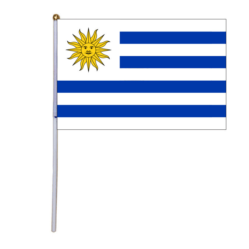 شحن مجاني xvggdg 100 قطعة 14*21 سنتيمتر العلم الوطني أوروغواي اليد أعلام مع البلاستيك سارية العلم طباعة البوليستر