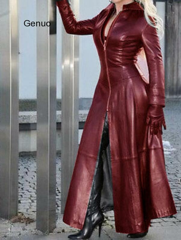 خمر سترة بولي يوريثان 2020 الشتاء X-طويلة تنورة نسائية من الجلد الاصطناعي معطف المرأة الموضة الصلبة الوقوف طوق سستة الرجعية معطف الإناث