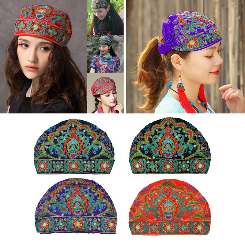قبعة مطرزة بالزهور ، نمط صيني عرقي ، أغطية رأس نسائية ، أغطية رأس من القطن والكتان