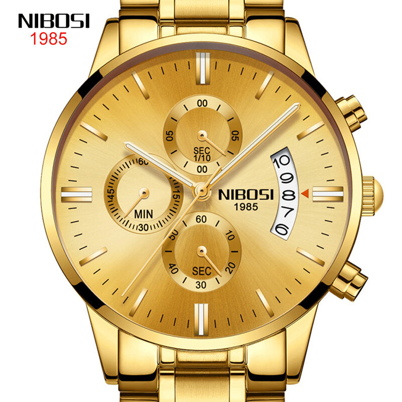 NIBOSI موضة ساعات الفولاذ الرجال مقاوم للماء ساعة كوارتز بكرونوجراف الرجال العلامة التجارية الفاخرة الذهب ساعة اليد للرجل 2309