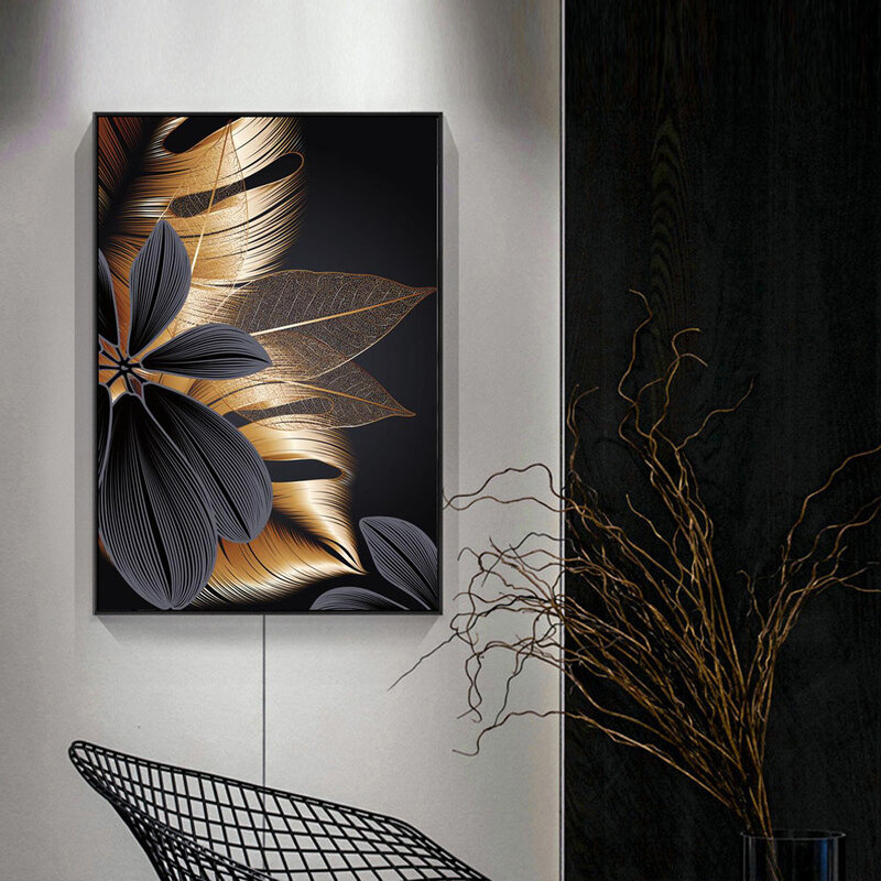 الشمال مجردة الفن النفط اللوحة الذهب الأسود نبات ليف قماش اللوحة ديكور المنزل الحديث المشارك غرفة المعيشة الممر جدارية