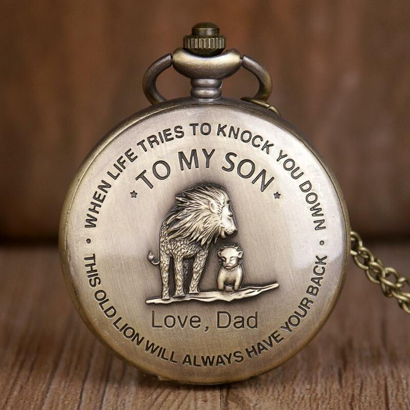 تصميم جديد حروف الإبداعية لابني الأسد الدب الحب أبي ساعة جيب كوارتز الرجال فوب سلسلة أفضل هدية لابن وأبي