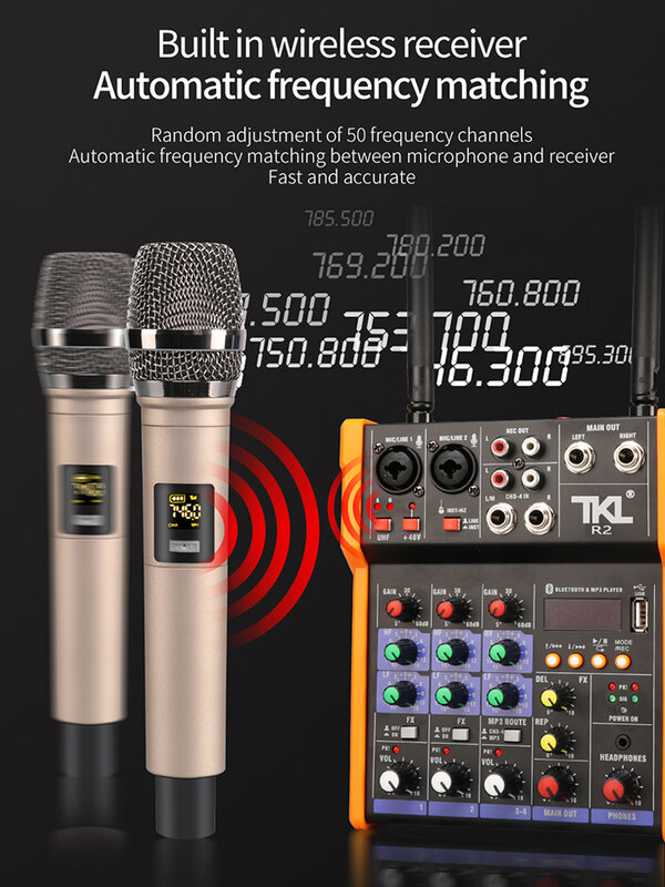 TKL 4 قناة الصوت خلاط وحدة التحكم مع ميكروفون لاسلكي الصوت خلط مع بلوتوث USB خلاط دي جي صغير