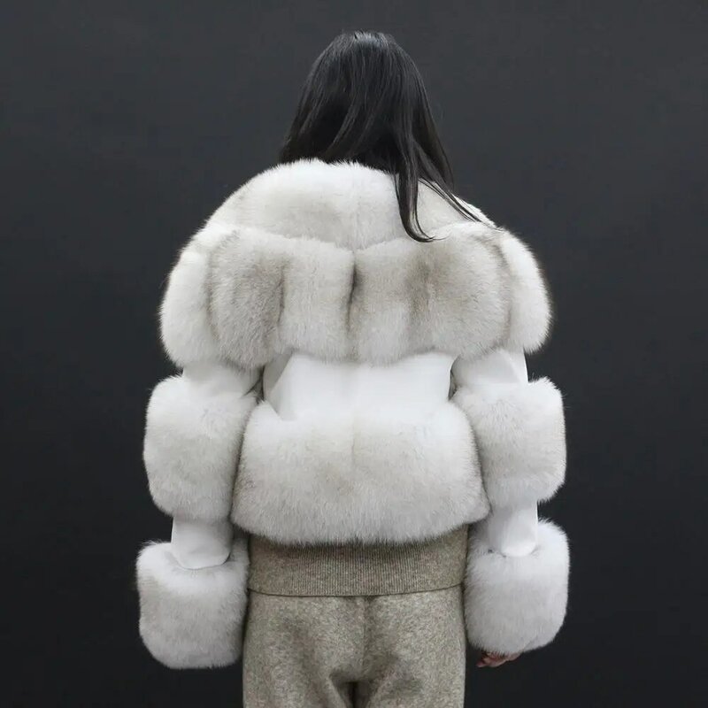 Janemetal معطف الفرو الدافئة وأنيقة الطبيعية الثعلب الفراء سترة طويلة الأكمام معطف جلد