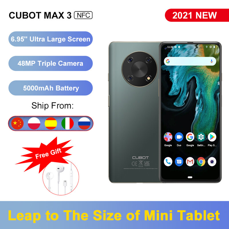 هاتف Cubot MAX 3 الذكي بشاشة كاملة بحجم 6.95 بوصة وكاميرا ثلاثية بدقة 48 ميجابكسل و 5000 مللي أمبير في الساعة و Android 11 و NFC وشريحتين وذاكرة وصول عشوائي 4 جيجابايت وذاكرة قراءة فقط 64 جيجابايت (ممتدة 256 جيجابايت)