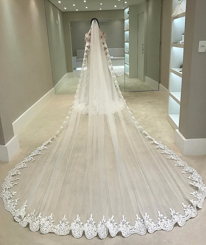 طويل حافة كاملة الدانتيل الحجاب الزفاف ، 1 طبقة تول الحجاب الزفاف مع مشط ، اكسسوارات الزفاف ، أبيض العاج ، 4 متر
