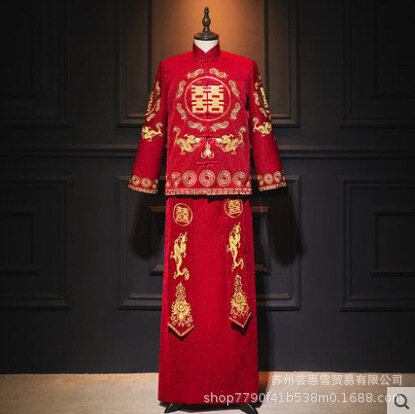 التطريز التنين فينيكس الصينية التقليدية زوجين بدلة الزفاف شيونغسام أنيقة العروس خمر فستان تشيباو