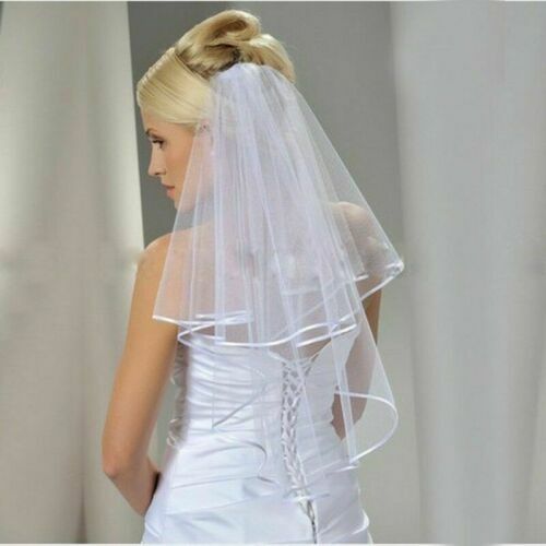 حجاب زفاف بسيط بحافة شريطية ، ملحق زفاف أنيق بطبقتين