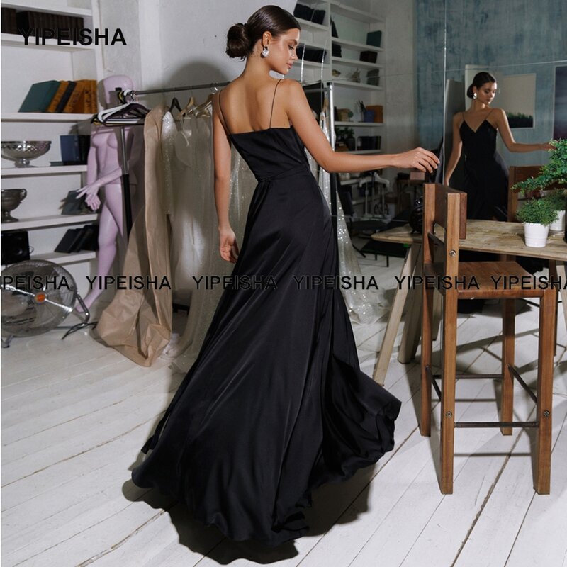 Yipeisha فستان سهرة أسود بسيط بشرائط رفيعة وفتحة جانبية لحفلات الزفاف فستان طويل للحفلات الراقصة رداء de Bal