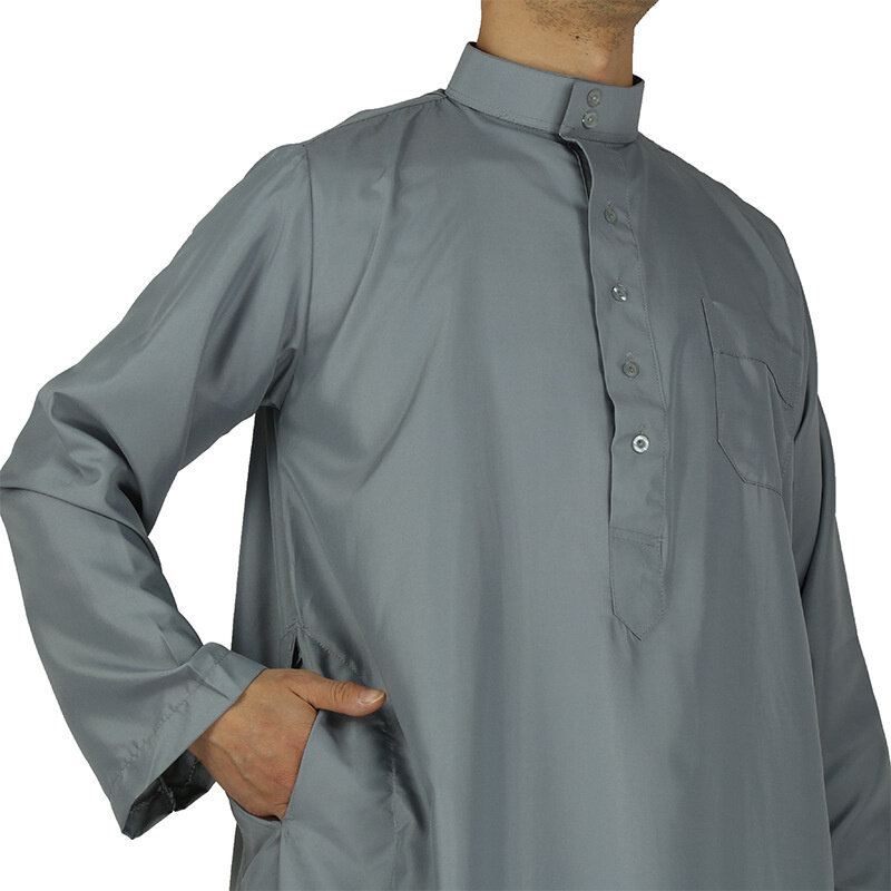 الرجال قطر مسلم المغربي الإسلامي نمط أبيض رمادي طويل الأكمام الوقوف طوق مثير العربية رداء قميص الرجال العبادة رداء