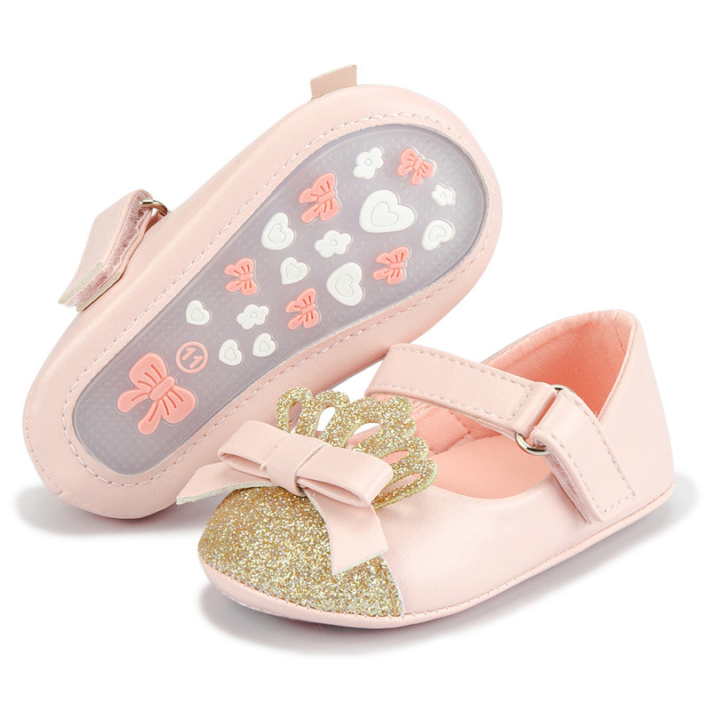 أحذية للأطفال البنات أحذية على شكل تاج بلينغ وردية للأميرة مضادة للانزلاق نعل مطاطي مسطح لحديثي الولادة مشوا لأول مرة أحذية للأطفال الرضع البنات