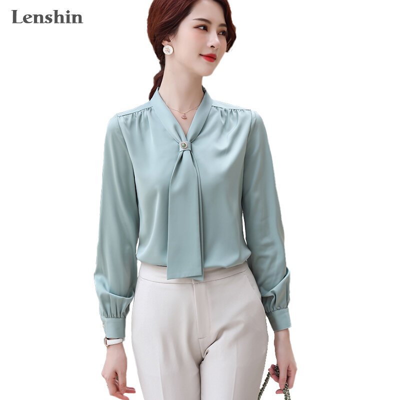 Lenshin-قميص نسائي من القماش الناعم ، بلوزة برقبة على شكل v مع فيونكة ، ملابس عمل مكتبية ، قميص نسائي ، نمط فضفاض