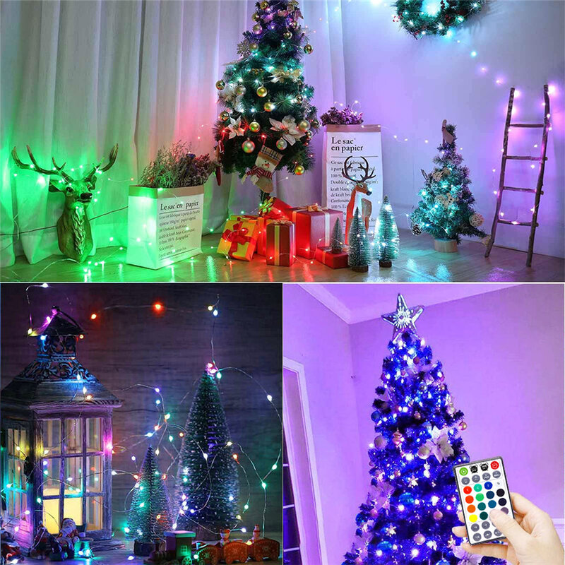 RGB LED الأسلاك النحاسية شجرة عيد الميلاد ضوء سلسلة 20 متر USB التحكم عن بعد الجنية مصابيح حديقة لعام 2022 السنة الجديدة ديكور حفلات الزواج