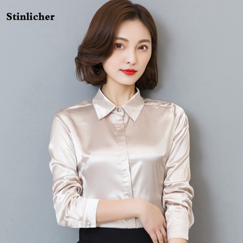 Stinlicher-قميص نسائي من الساتان بأكمام طويلة ، ملابس عمل أنيقة ، موضة كورية ، بلوزة بيضاء ، زرقاء ، سوداء ، لفصلي الربيع والخريف
