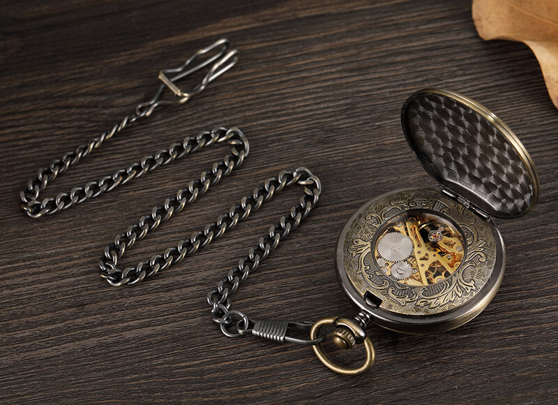 البرونزية الميكانيكية اليد الرياح جيب الساعات الأرقام الرومانية الطلب الهيكل العظمي الميكانيكية ساعة الوجه الرجال على مدار الساعة مع فوب سلسلة هدية صندوق