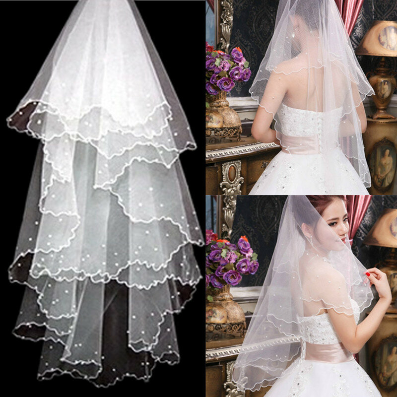 حجاب زفاف قصير الخرز ، حجاب العروس ، طويل