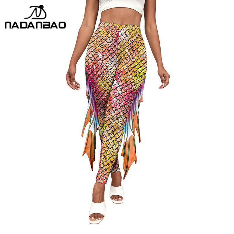 NADANBAO-سراويل نسائية مطبوعة حورية البحر ، قيعان أزياء ثلاثية الأبعاد ، طماق تأثيري ، بنطلون اليوغا الضيق ، قشور السمك