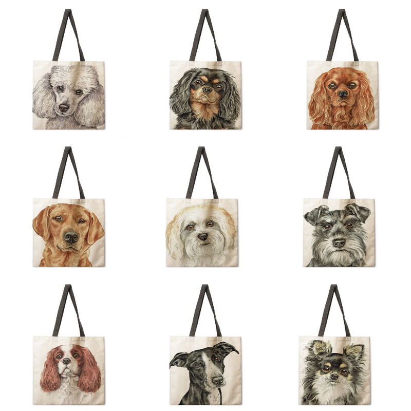 السيدات حقائب عادية خلفية بيضاء الكلب طباعة حقائب السيدات حقائب كتف في الهواء الطلق حقائب الشاطئ أكياس تسوق قابلة للطي