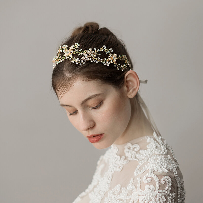 O044-ربطة شعر الزفاف من الكريستال ، والزهور الاصطناعية ، وعصابة رأس الجنية ، وإكسسوارات الشعر