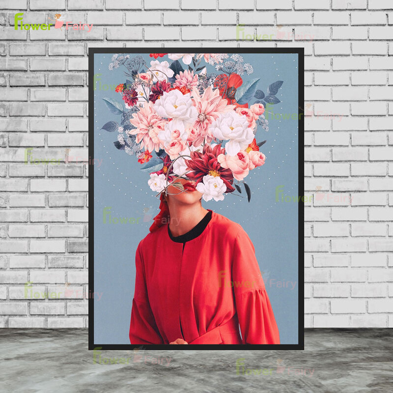 مجردة اللوحة الزخرفية لفتاة و ارتفع الأحرف تحت الزهور جدار الفن قماش اللوحة لغرفة المعيشة ديكور غير المؤطرة