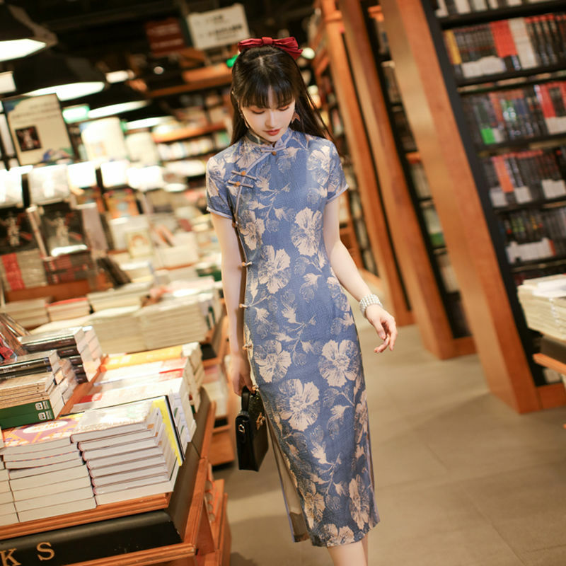 المرأة الصينية نمط فستان شيونغسام الرجعية أنيقة الأزرق تشيباو شيونغسام حجم كبير 3XL Vestido الصين الصيف الملابس تشيباو