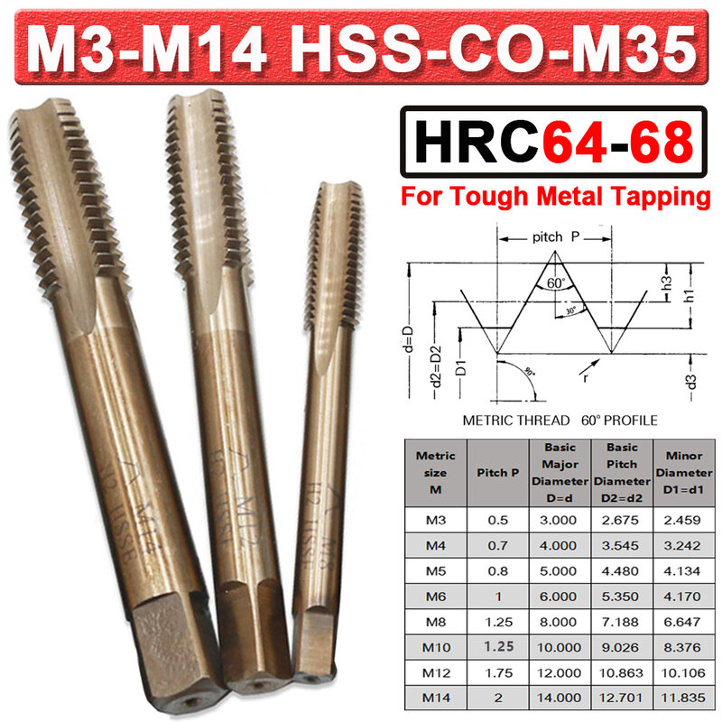 HRC64 HRC64 HSS-Co-M35 متري المسلسل الحنفية مجموعة M3 M4 M5 M6 M8 M10 M12 اليد اليمنى قطّاعة سن اللولب آلة الصنابير ل الفولاذ المقاوم للصدأ