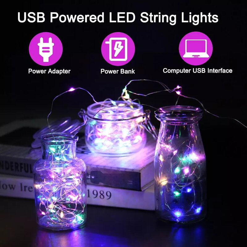 1 متر-10 متر USB 8 طرق LED سلسلة الجنية أضواء الأسلاك النحاسية شجرة عيد الميلاد السنة الجديدة أكاليل للحزب عيد الميلاد الديكور