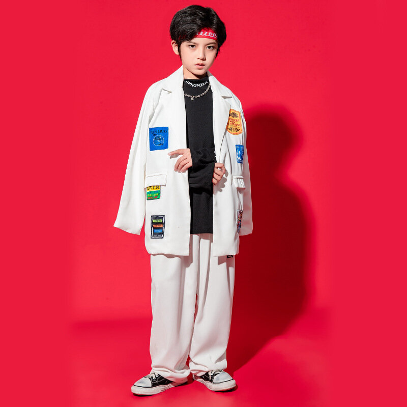 طفل Kpop الهيب هوب ملابس بيضاء طويلة السترة معطف تانك المحاصيل الأعلى ملابس الشارع الشهير سراويل تقليدية لفتاة بوي الجاز ملابس رقص الملابس