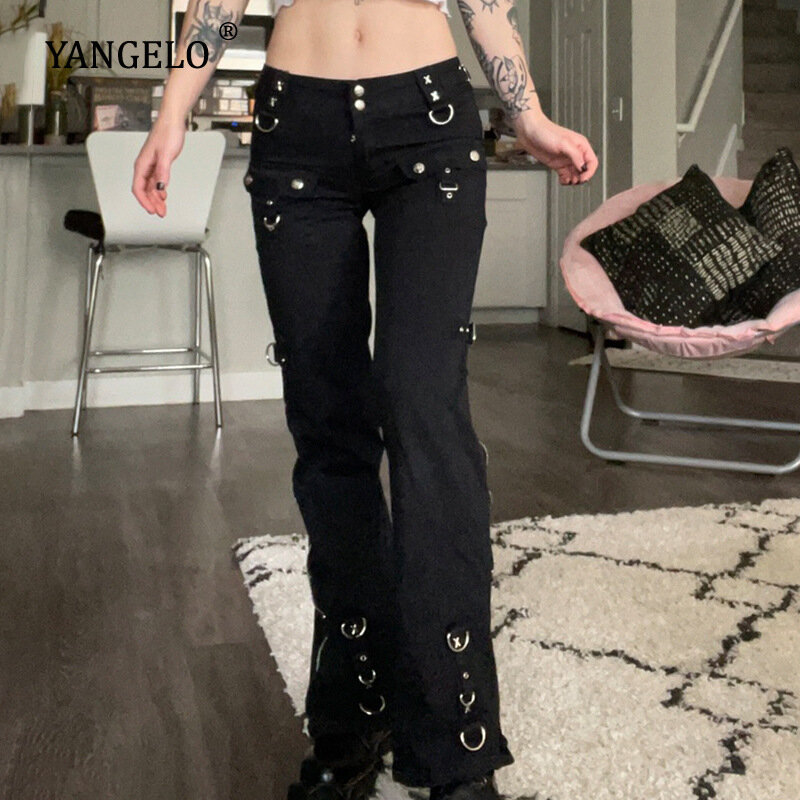بنطلون جينز يوانجيلو Y2k الجرونج ذو خصر منخفض للنساء نمط قوطي مزين باللون الأسود ملابس نسائية غير رسمية ملابس غير رسمية