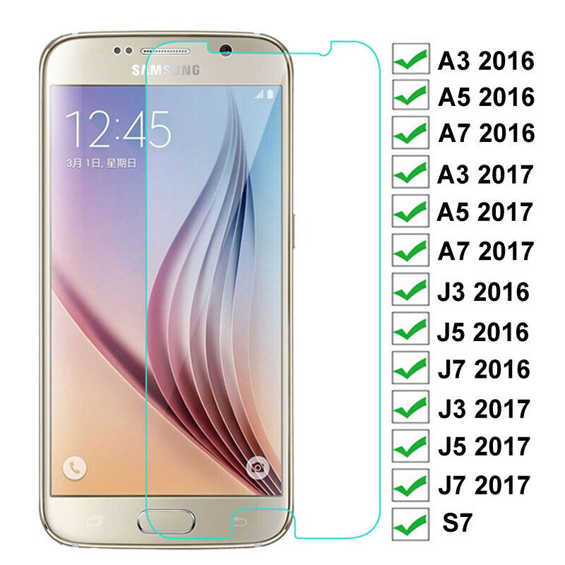 زجاج واقي صلب 9H لهاتف Samsung Galaxy S7 A3 A5 A7 2017 J3 J5 J7 2016 2017 واقي شاشة زجاجي شفاف