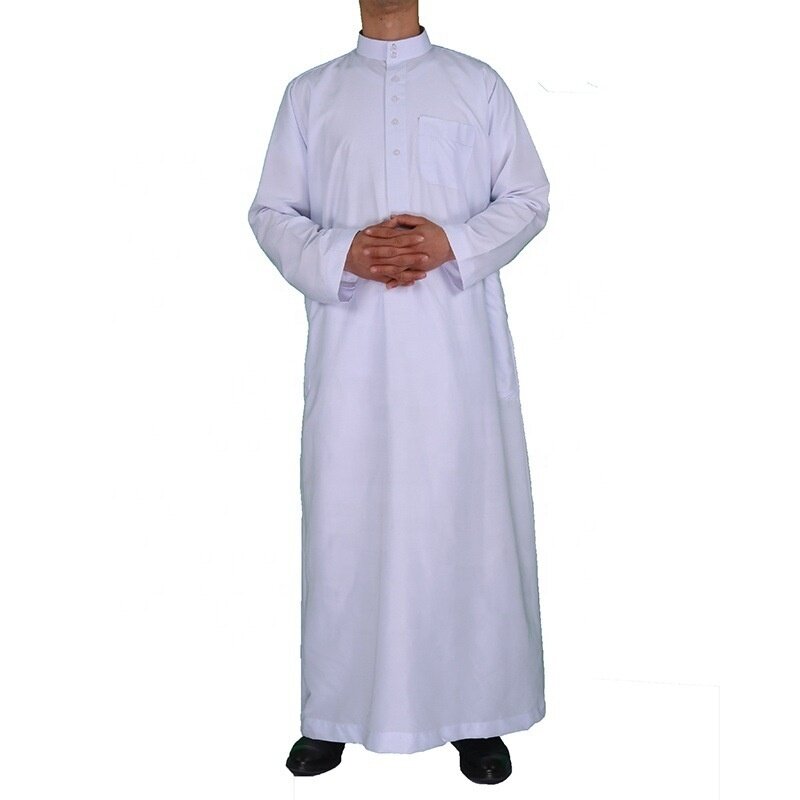 الرجال قطر مسلم المغربي الإسلامي نمط أبيض رمادي طويل الأكمام الوقوف طوق مثير العربية رداء قميص الرجال العبادة رداء