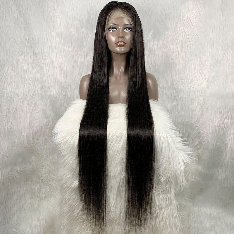 باروكة شعر طبيعي مستقيمة للنساء ، برباط أمامي للغلق ، شعر برازيلي ريمي ، كثافة 250 ، دقة 13 × 4 عالية ، 40 بوصة ، 48 بوصة