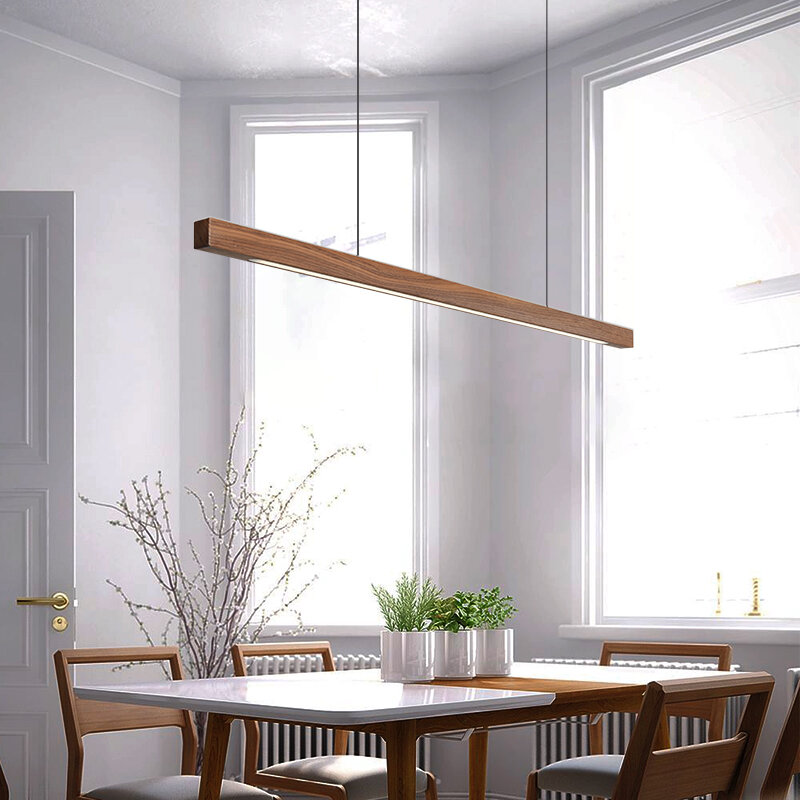 قلادة خشبية أضواء مصباح معلق الحديثة الجدول LED طويل الخطي ضوء جزيرة المطبخ الإضاءة لغرفة المعيشة الطعام مكتب
