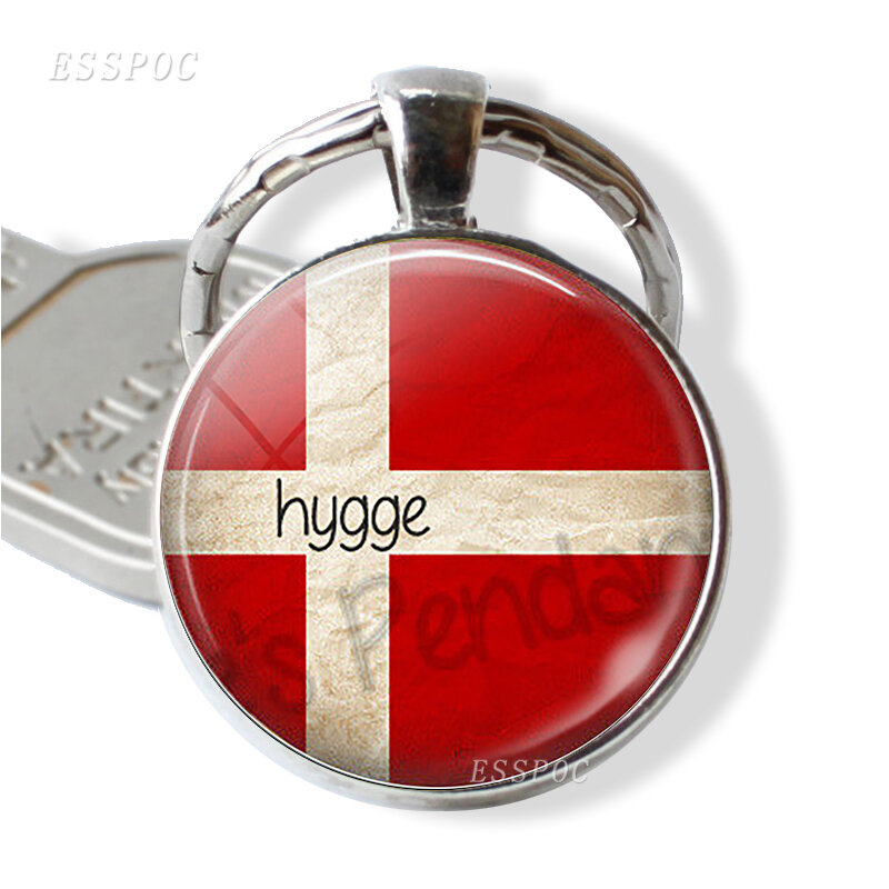 الدنماركية العلم المفاتيح الزجاج كابوشون المعادن الدنمارك السعادة مجوهرات تقليد حياة سعيدة سيارة حلقة رئيسية
