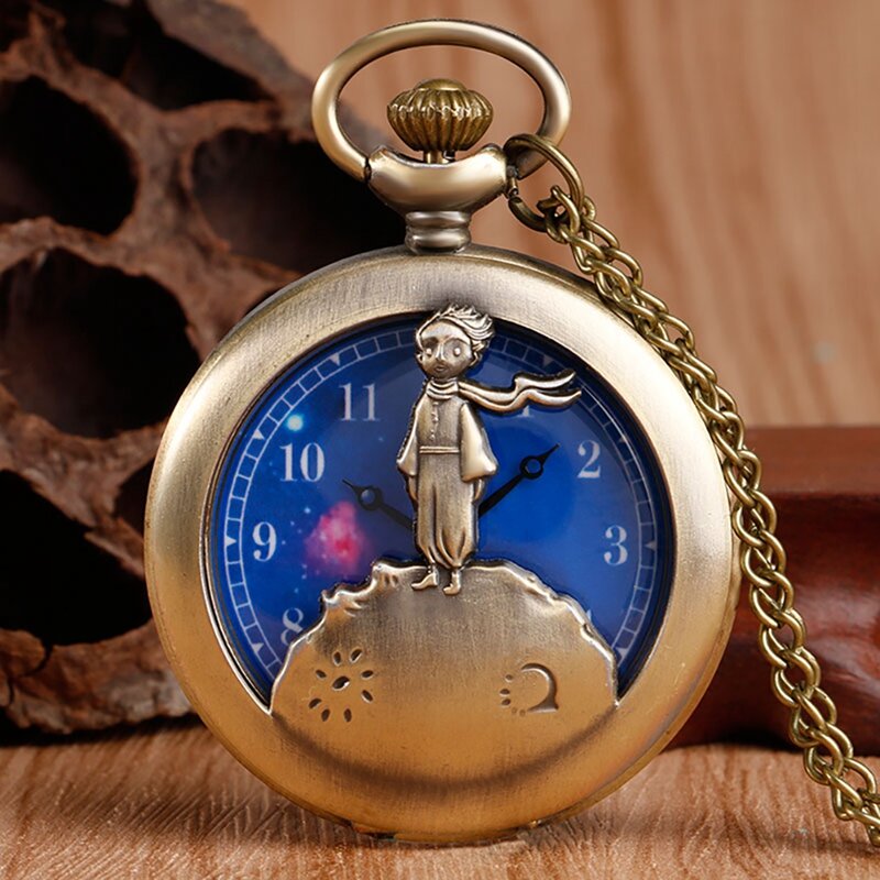 الرجعية العتيقة برونزية الأمير الصغير ساعة الجيب خمر فوب كوارتز ساعة مع سلسلة قلادة قلادة هدايا للأطفال صبي فتاة
