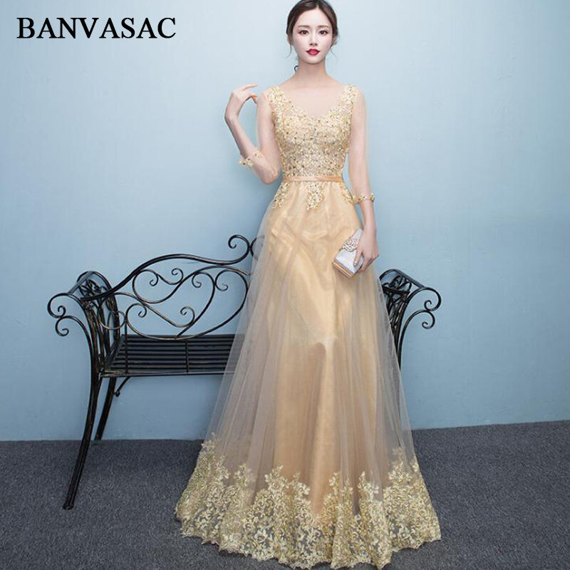 BANVASAC-فستان سهرة طويل أنيق مطرز بالخرز ، ياقة على شكل V ، دانتيل ، خط A ، وشاح ، وهم ، فستان حفلات