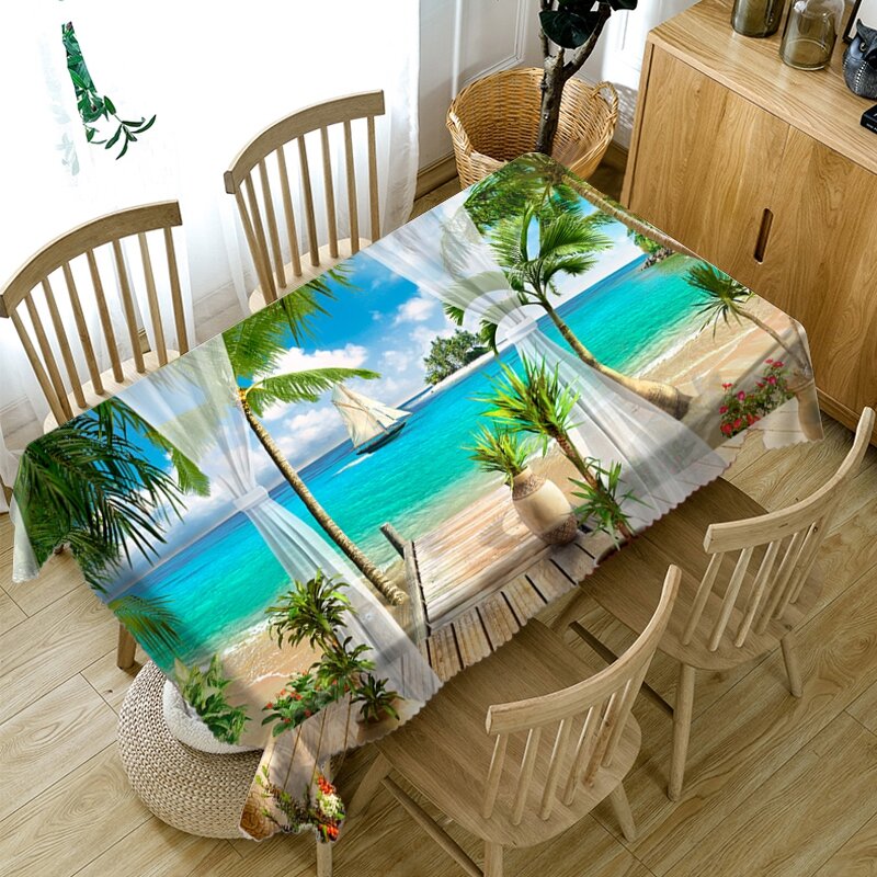 مفرش طاولة من القطن السميك بتصميم زهرة ومنور ، غطاء رأس مستطيل قابل للغسل ، عالم أخضر ثلاثي الأبعاد