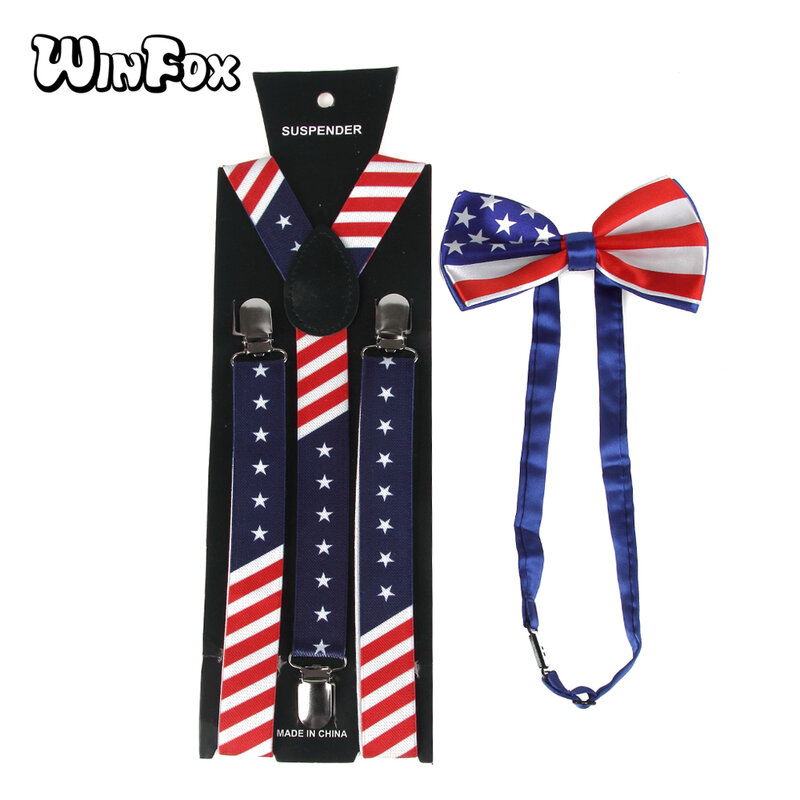 Winfox-طقم ربطة عنق وحمالات بعلم أمريكي داكن للرجال والنساء ، أزياء جديدة للجنسين