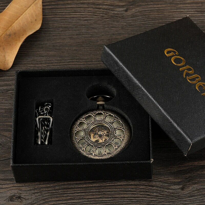 البرونزية الجوف Vintage ساعة الجيب الميكانيكية الرجال الهيكل العظمي نحت Steampunk فوب ساعة اليد مع سلسلة قلادة النساء الرجال هدية