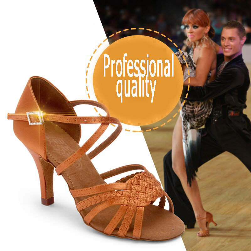 أحذية الرقص اللاتينية للمرأة البالغة أحذية الرقص ذات الكعب السفلي الناعمة أحذية الرقص المربعة BD أحذية لاتينية أصلية 2365 مستوردة من الساتان الماسي