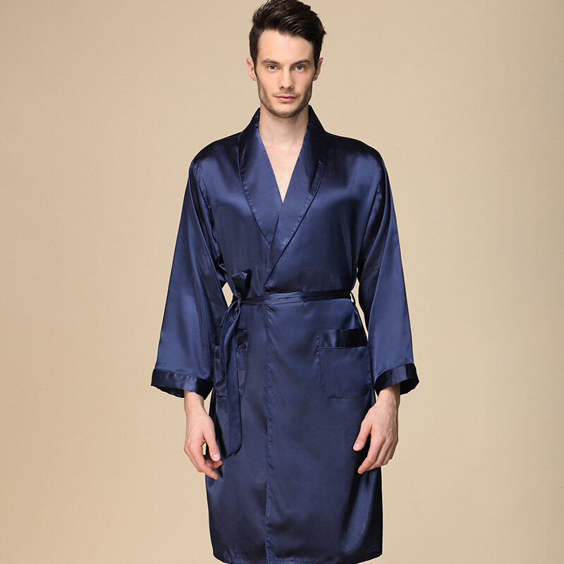 الرجال الحرير Robes حجم كبير 5XL الحرير طويل الأكمام منامة Bathrobe الذكور ثوب النوم ملابس خاصة كيمونو الصلبة روب للنوم