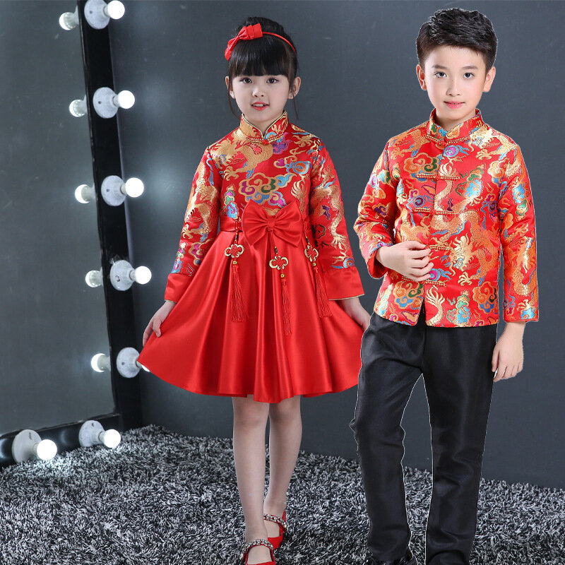 فستان صيني للأطفال من سلالة تانغ ، ملابس صينية تقليدية ، جاكيت وسروال ، ملابس للأولاد والبنات